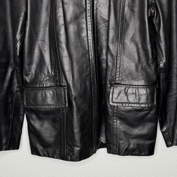 Express Black Genuine Leather Zip Front Jacket Womens Small Y2K Minimal Moto - Picture 4 of 10